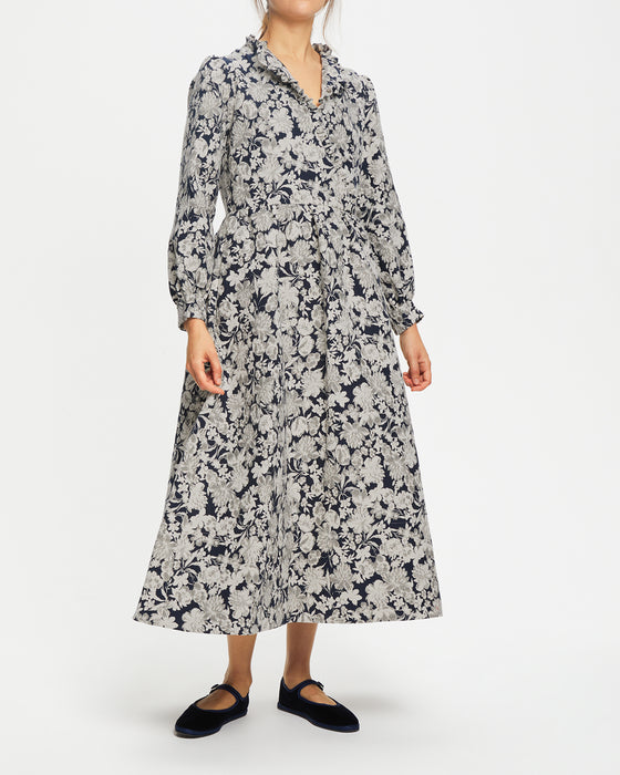 Cecile Dress in Recycled Navy Floral Brocade