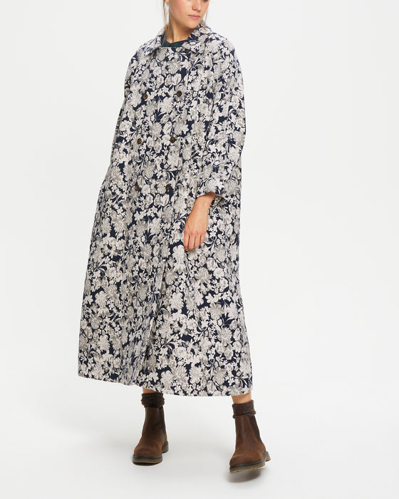 Long Robin Coat in Recycled Navy Floral Brocade