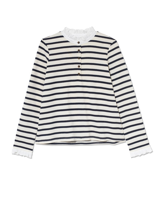 Button Frill neck top in Navy Stripe