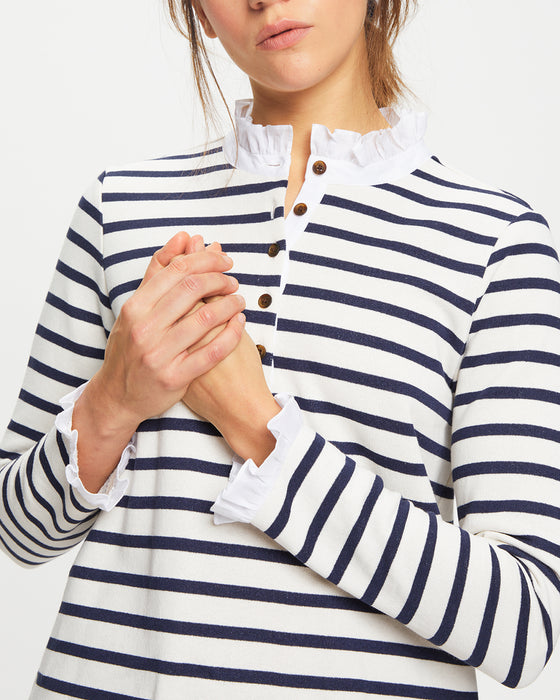Button Frill neck top in Navy Stripe