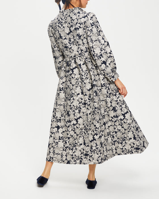 Cecile Dress in Recycled Navy Floral Brocade