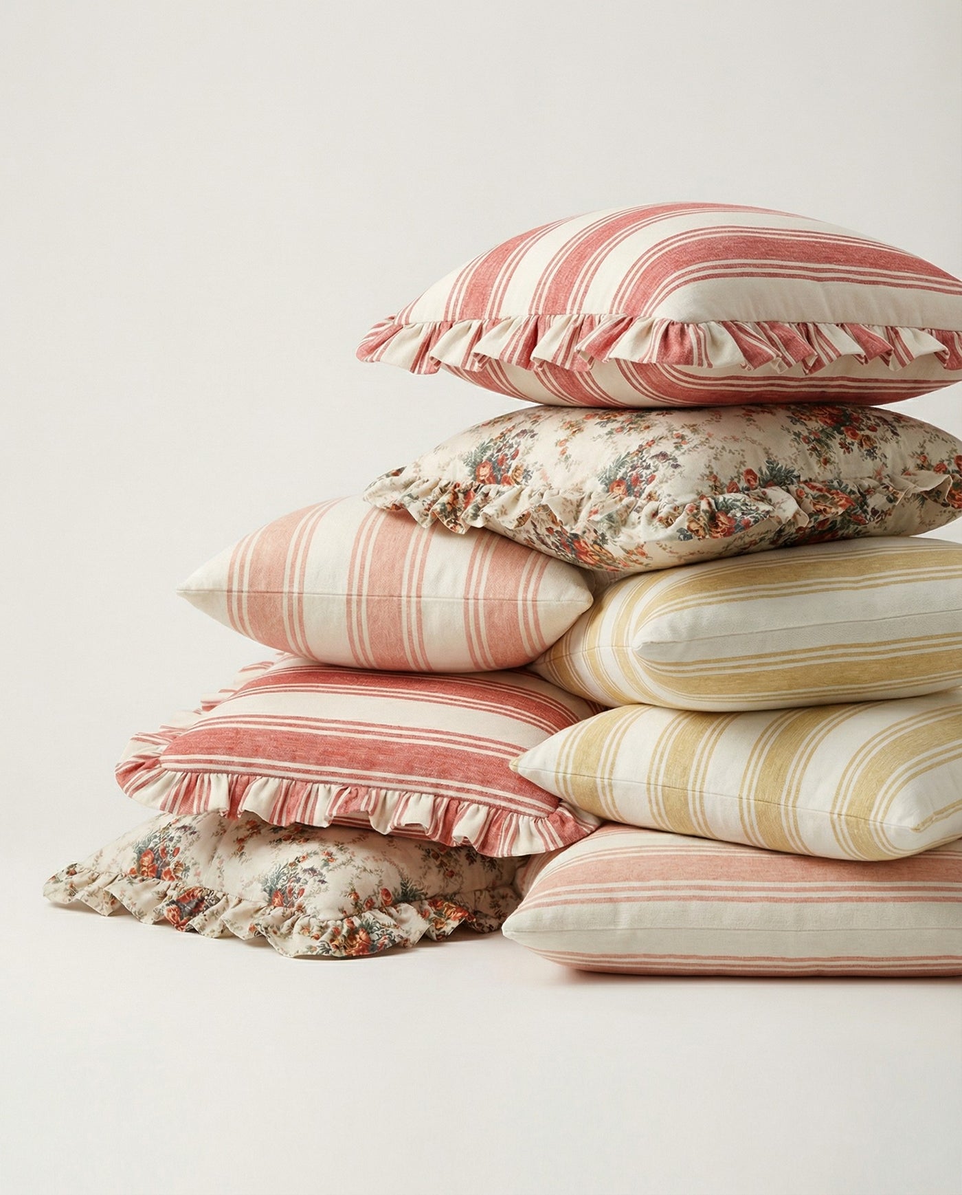 Stack of decorative pillows with striped and floral patterns on a light background
