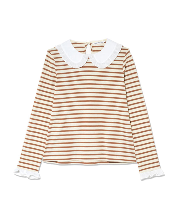 Frilly Collar Top in Bown Stripe Organic Cotton