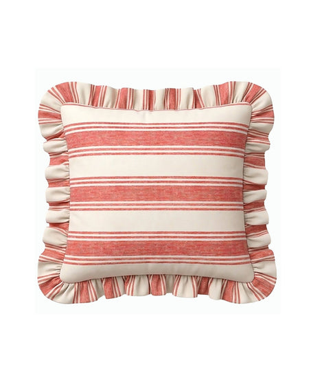 Striped pillow with ruffle trim on a white background