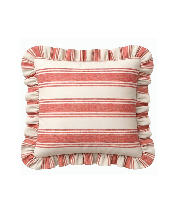 Striped pillow with ruffle trim on a white background