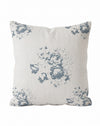 A square decorative throw pillow with a linen-textured off-white background and a muted blue-gray floral toile pattern, shown against a plain white background.