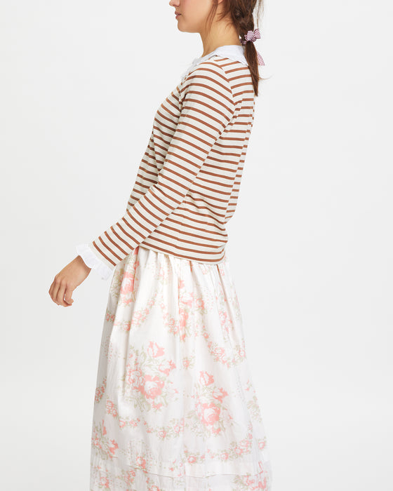 Frilly Collar Top in Bown Stripe Organic Cotton