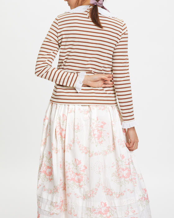 Frilly Collar Top in Bown Stripe Organic Cotton