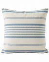 A square throw pillow with a textured linen-like fabric, featuring horizontal stripes in dusty blue and cream.