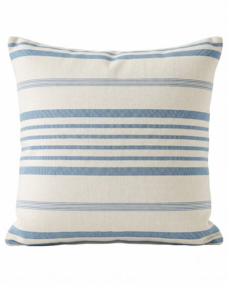 A square throw pillow with a textured linen-like fabric, featuring horizontal stripes in dusty blue and cream.