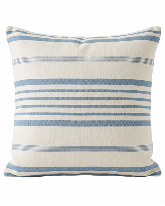 A square throw pillow with a textured linen-like fabric, featuring horizontal stripes in dusty blue and cream.