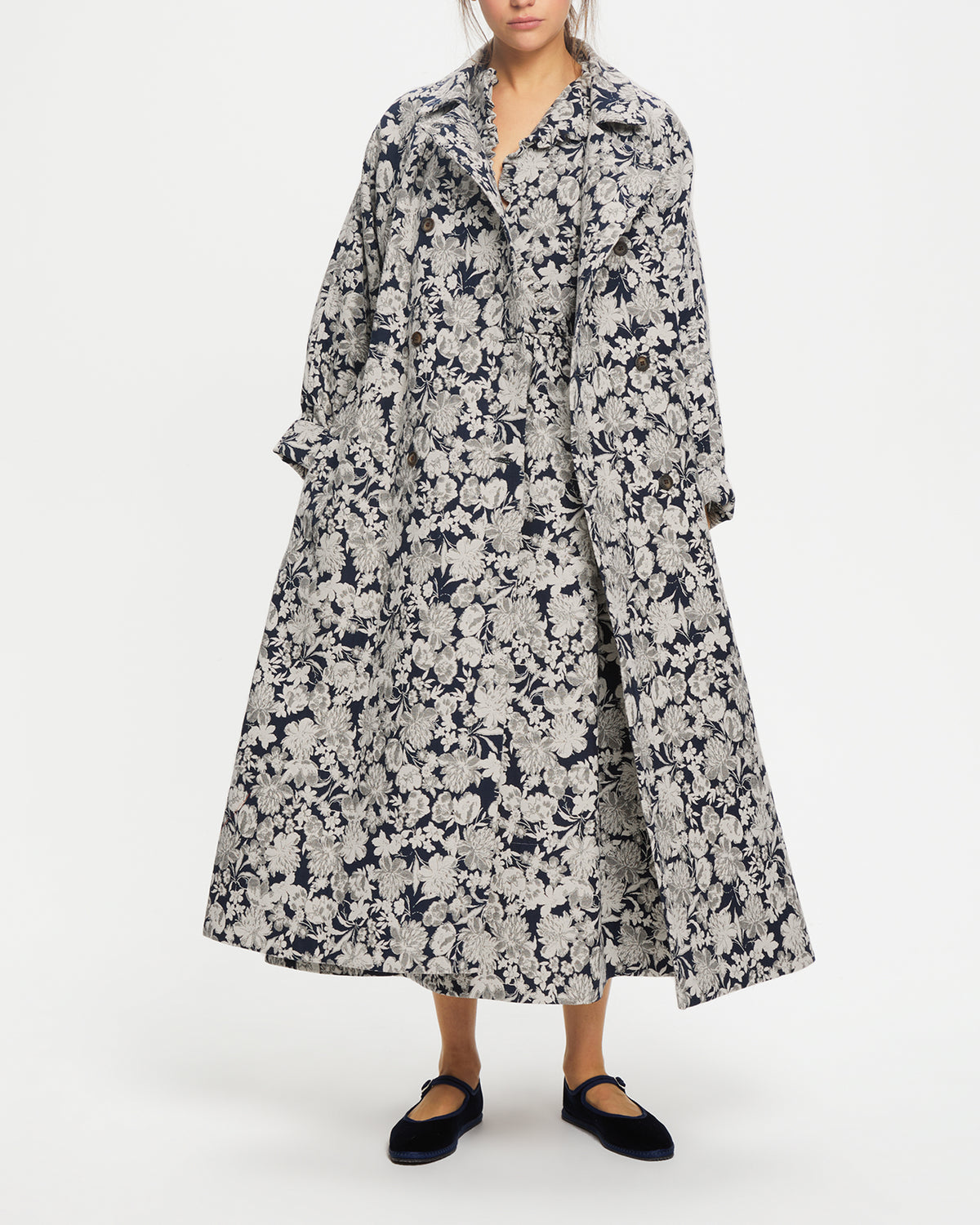 Long Robin Coat in Recycled Navy Floral Brocade | Cabbages & Roses ...