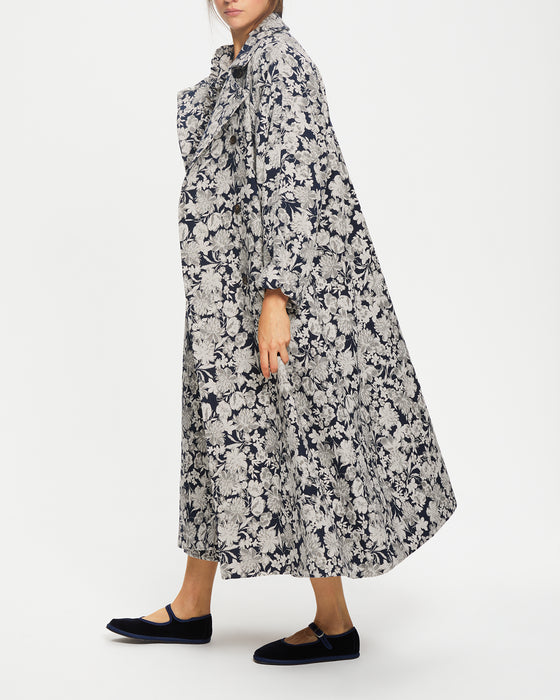 Long Robin Coat in Recycled Navy Floral Brocade