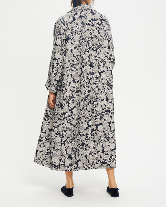 Long Robin Coat in Recycled Navy Floral Brocade