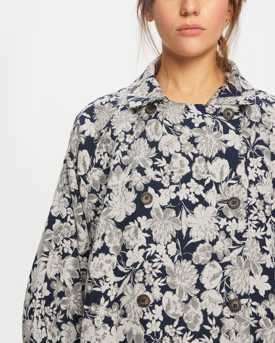 Long Robin Coat in Recycled Navy Floral Brocade