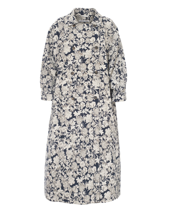 Long Robin Coat in Recycled Navy Floral Brocade