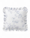 A square white throw pillow with a delicate blue floral toile pattern and a ruffled border, shown against a plain white background.