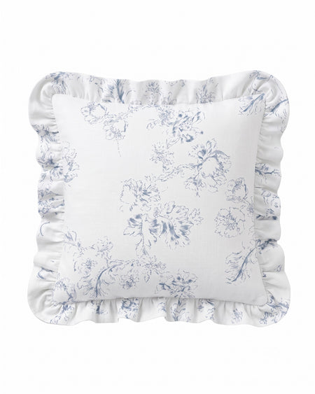 A square white throw pillow with a delicate blue floral toile pattern and a ruffled border, shown against a plain white background.
