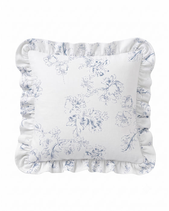 A square white throw pillow with a delicate blue floral toile pattern and a ruffled border, shown against a plain white background.