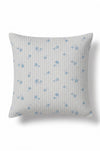 A square throw pillow featuring a light gray and white vertical stripe pattern with small blue floral motifs, shown against a plain white background.