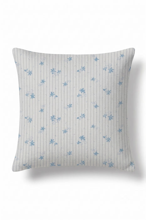 A square throw pillow featuring a light gray and white vertical stripe pattern with small blue floral motifs, shown against a plain white background.