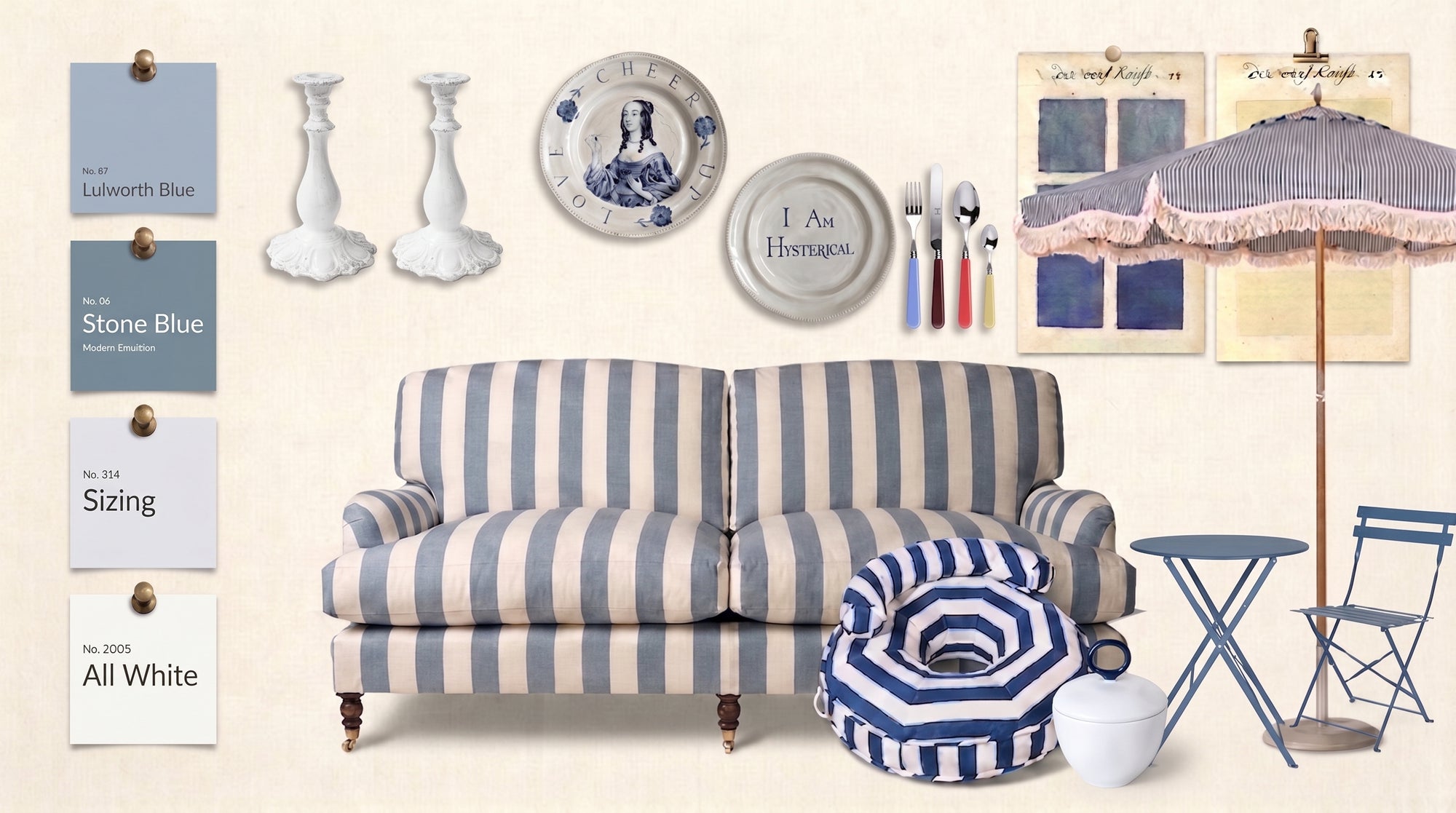 A styled interior design collage centered on a blue-and-white striped sofa, with matching striped beanbag, blue side table and chair, a lavender umbrella, wall decor, and color swatch cards on a cream background.