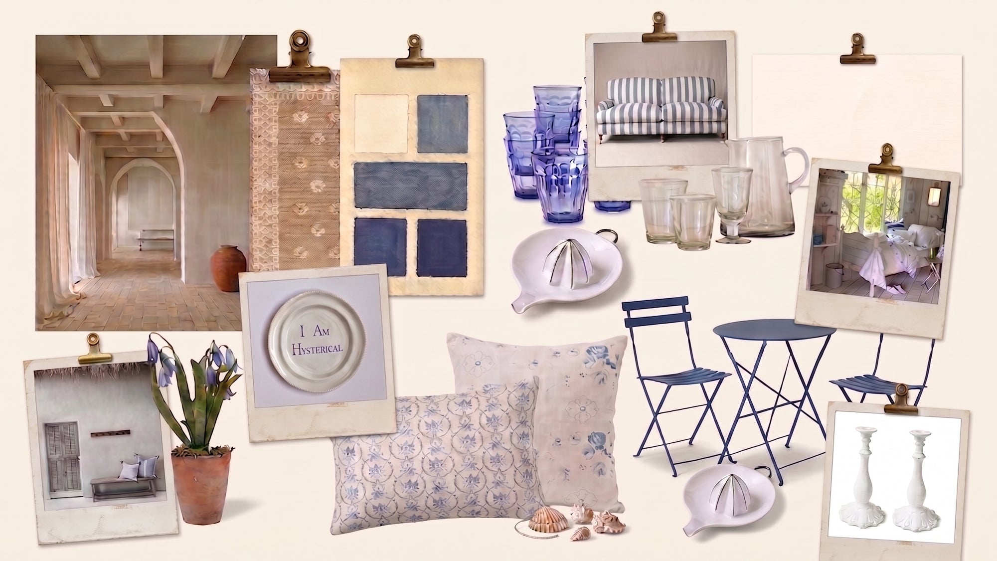 A styled interior design mood board collage on a warm cream background, featuring fabric swatches, blue glassware, pillows, chairs, a small table, framed photos, and architectural imagery.