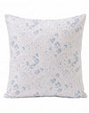 A square throw pillow with a white background and a delicate light blue floral and paisley pattern, shown against a plain white background.