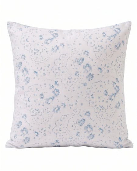 A square throw pillow with a white background and a delicate light blue floral and paisley pattern, shown against a plain white background.