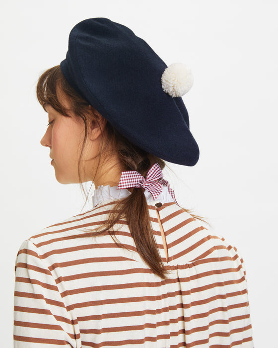Pom Pom Beret in Navy British Lambswool