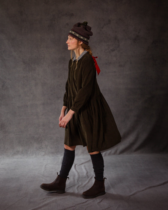 Posy Dress in Vintage Dark Green Corduroy