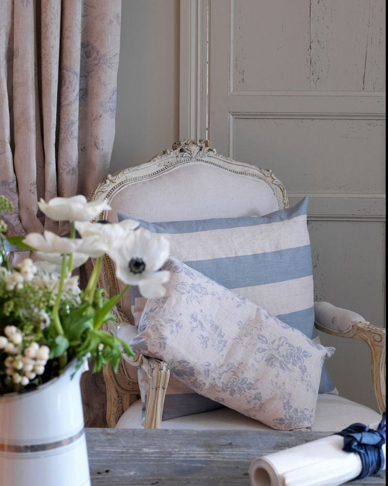 Paris Rose French Blue on Natural Linen | Cabbages & Roses ...