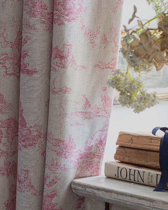 Toile de Poulet Berry Red on Natural Linen