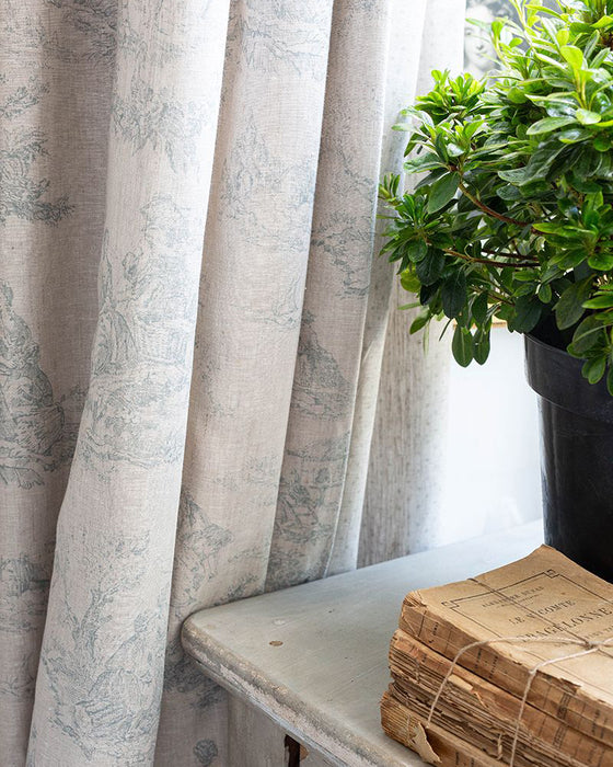Toile de Poulet Teal on Natural Linen