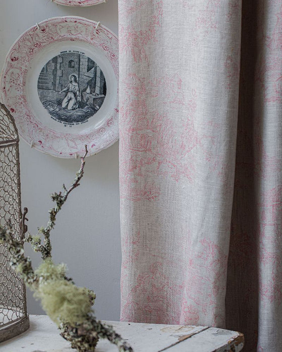 Toile de Poulet Pink on Natural Linen