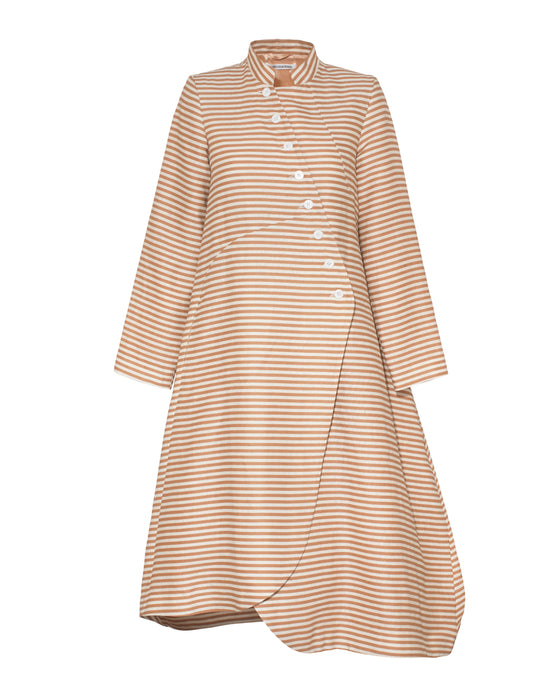 Swirly Panel Coat in Brown Stripe Linen