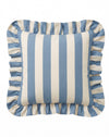 A square throw pillow with vertical blue and cream stripes and a ruffled border, shown against a plain white background.
