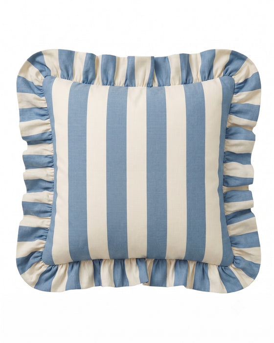 A square throw pillow with vertical blue and cream stripes and a ruffled border, shown against a plain white background.