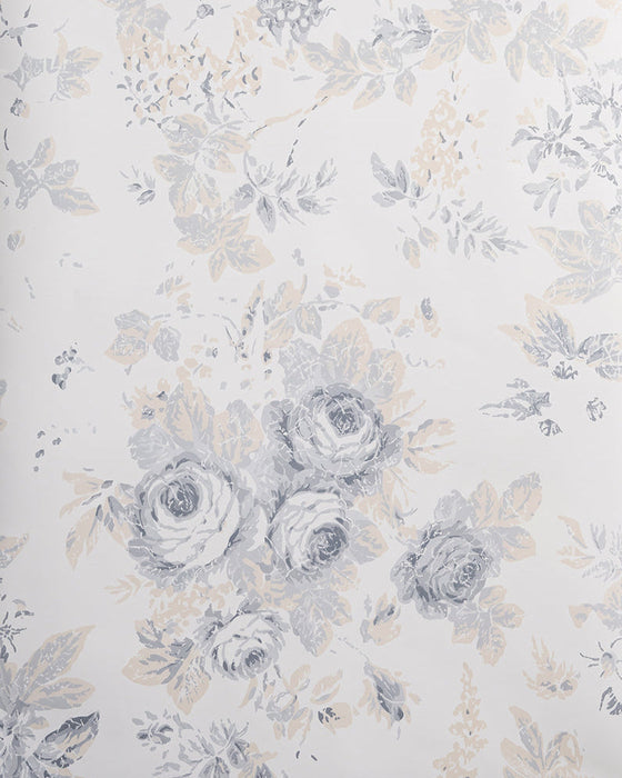 A close-up of a floral wallpaper pattern featuring muted gray and beige roses, leaves, and delicate botanical motifs on a light off-white background.