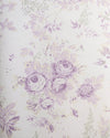 A close-up of floral wallpaper featuring a classic French toile pattern with lavender and light purple roses, wisteria, and leaves on a warm off-white background.